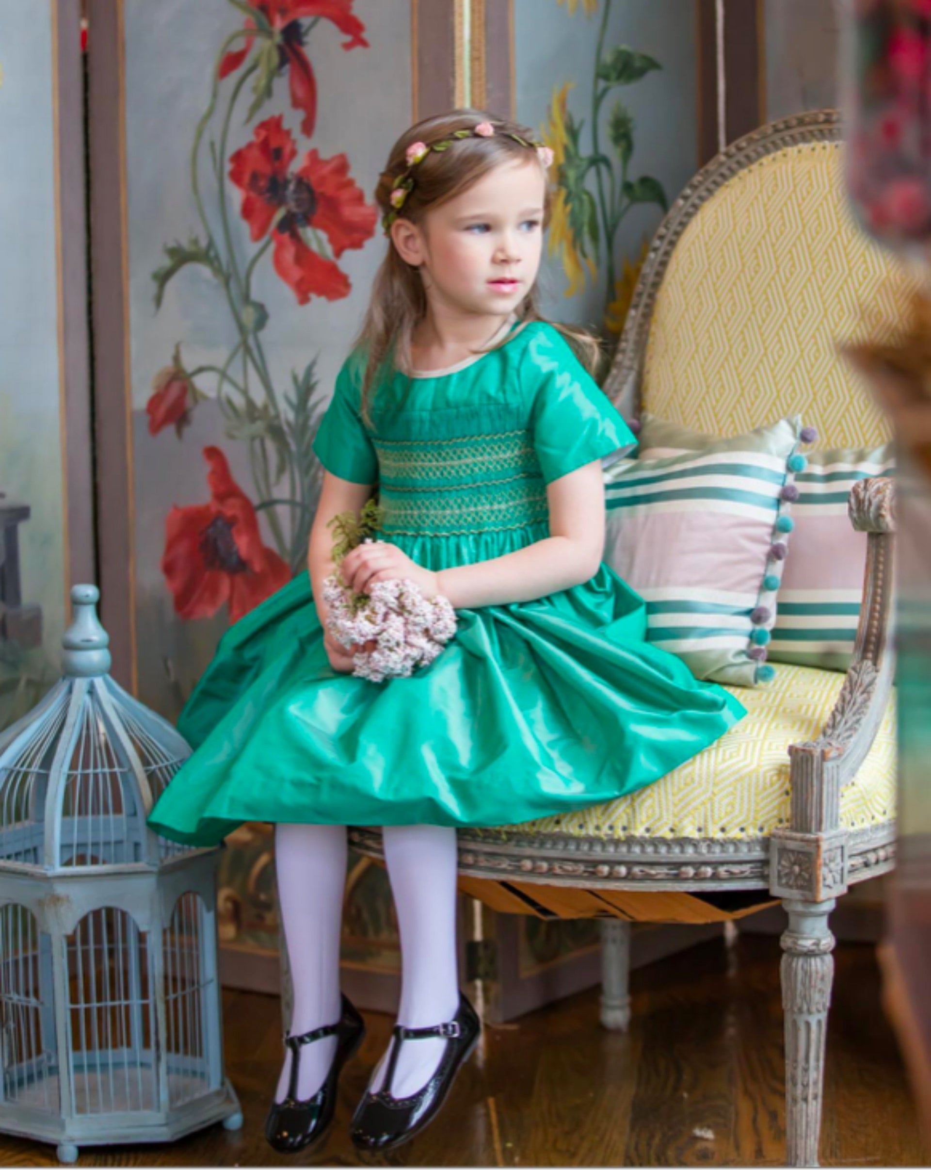 Antoinette Paris Girls Green Silk Hand Smocked Dress | HONEYPIEKIDS Antoinette Paris Girls Green Silk Hand Smocked Dress | HONEYPIEKIDS