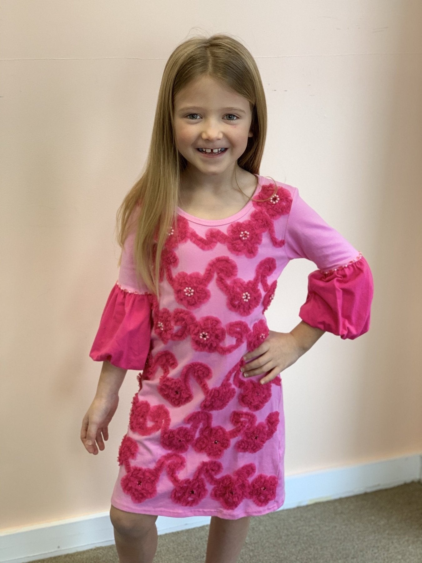 HavenGirl Pink Flower Soutache Sleeve Dress | HONEYPIEKIDS 