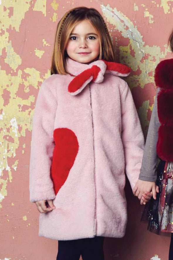 Imoga Collection Frida Red Heart Long Faux Fur Coat in Powder Pink | HONEYPIEKIDS | Kids Boutique Clothing