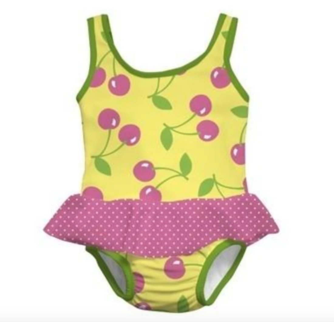 Infant and Toddler Girls Swim Diaper Ruffle Tanksuit in Cherry Pattern