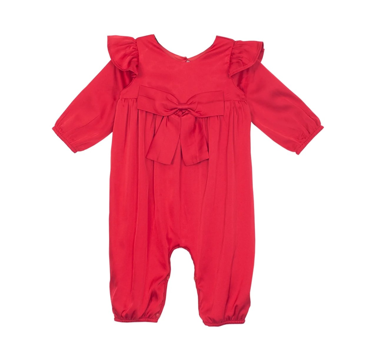 Isobella and Chloe Baby Sweet Scarlett Red Charmeuse Holiday Romper | HONEYPIEKIDS 