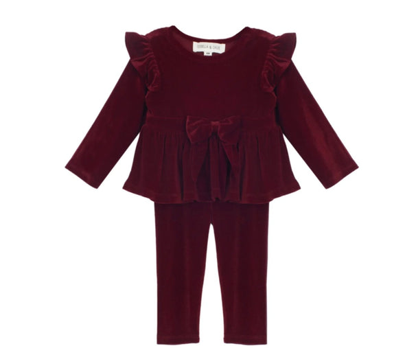 Isobella and Chloe Baby to Youth Girls Holly Jolly Burgundy Velvet 2 Piece Set | HONEYPIEKIDS | Kids Boutique Clothing