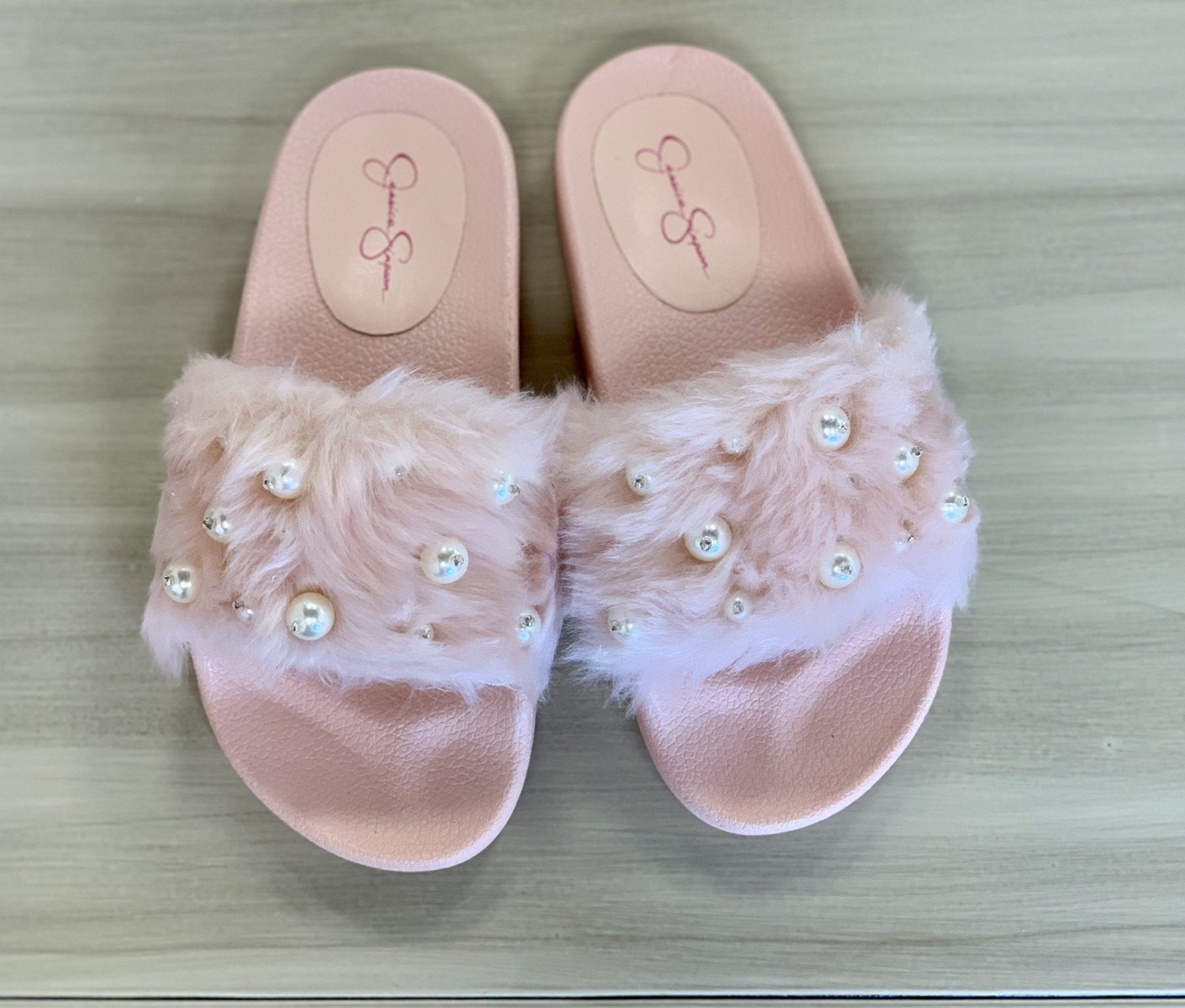 Jessica Simpson Pink Faux Fur Pink & Pearl Slides | HONEYPIEKIDS 