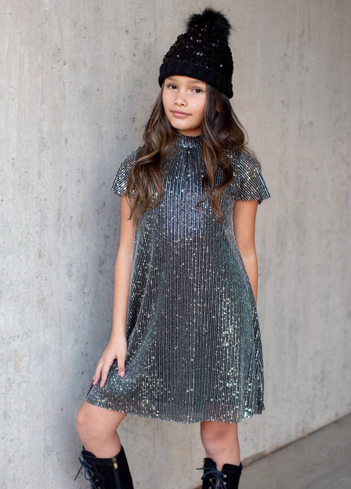 Joyfolie Chloe Girls Sequin Pom Hat in Black | HONEYPIEKIDS 