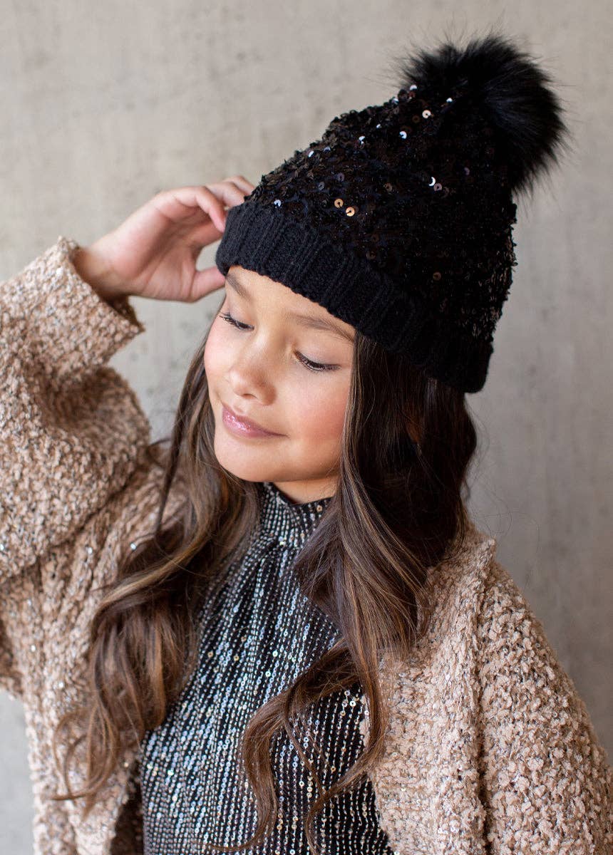 Joyfolie Chloe Girls Sequin Pom Hat in Black | HONEYPIEKIDS