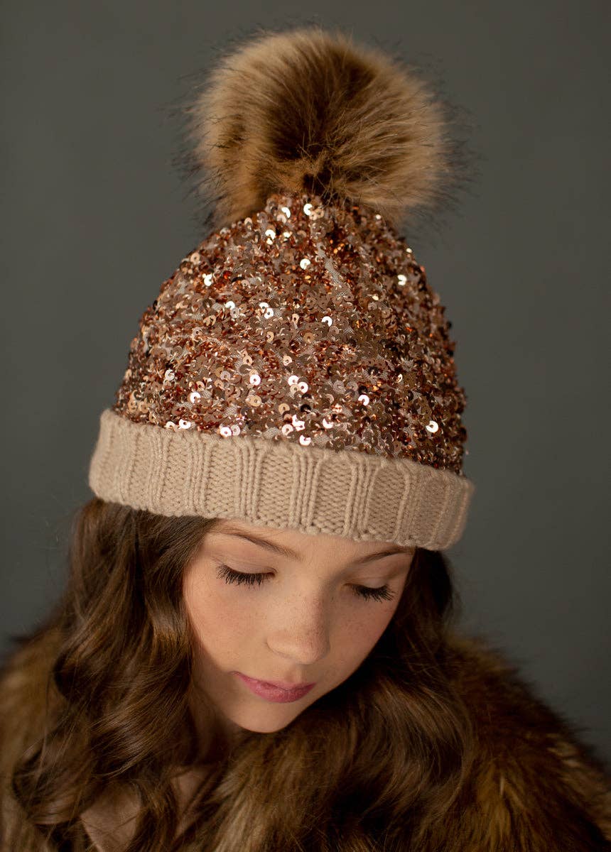 Joyfolie Chloe Girls Sequin Pom Hat in Gold | HONEYPIEKIDS 