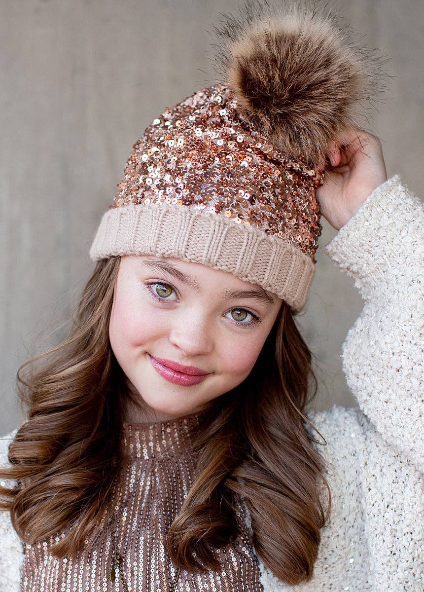Joyfolie Chloe Girls Sequin Pom Hat in Gold | HONEYPIEKIDS display picture 1