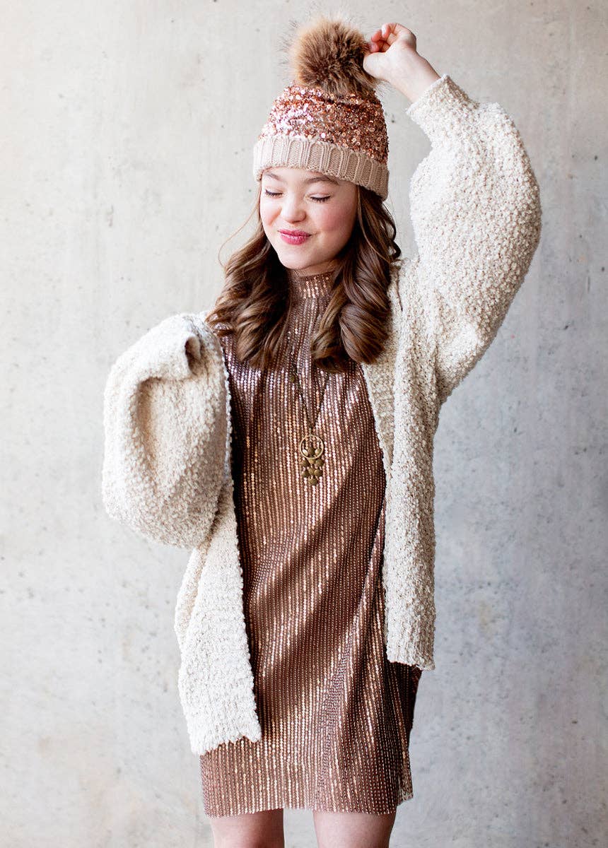 Joyfolie Chloe Girls Sequin Pom Hat in Gold | HONEYPIEKIDS