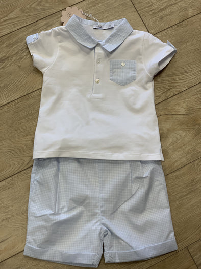 Patachou Baby Boys Collared Shirt and Shorts Set in Sky Blue Check Pattern | HONEYPIEKIDS | Kids Boutique Clothing