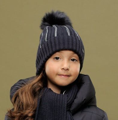 Le Chic Girls Navy Blue Diamanté Faux Fur Pom Pom Hat | HONEYPIEKIDS | Kids Boutique Clothing