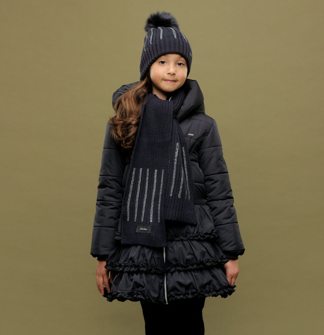 Le Chic Girls Navy Blue Ruffled Puffer Winter Coat | HONEYPIEKIDS 