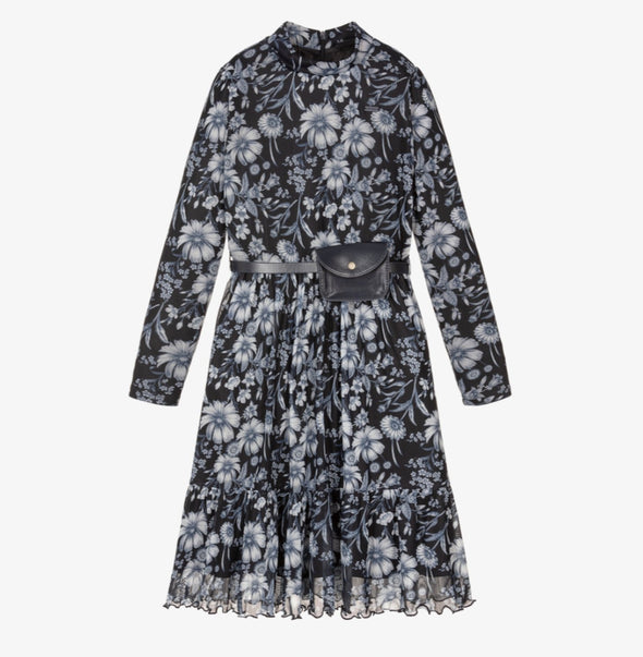 Le Chic Girls Navy Blue Sana Floral Coin Purse Belt Dress | HONEYPIEKIDS | Kids Boutique Clothing
