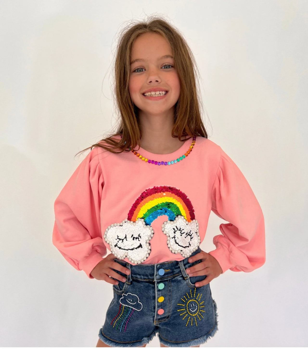 Lola and The Boys Embroidered Rainbow Denim Shorts | HONEYPIEKIDS 