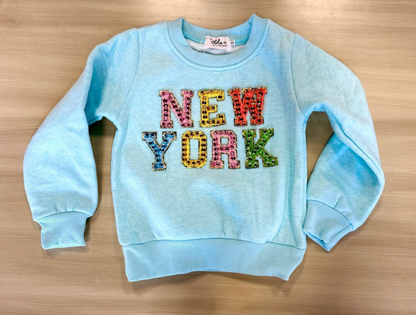 HONEYPIEKIDS | Lola and The Boys Girls Blue Gem NEW YORK Sweatshirt