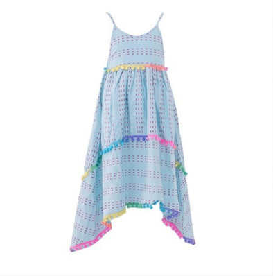 Lola and The Boys Girls Blue High Low Pom Pom Sun Dress | HONEYPIEKIDS | Kids Boutique Clothing