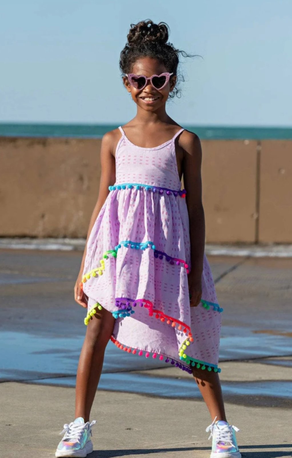 Lola and The Boys Girls Lavender High Low Pom Sun Dress | HONEYPIEKIDS 