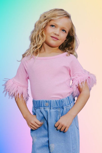Lola and The Boys Pink Feather Shoulder Tee | HONEYPIEKIDS