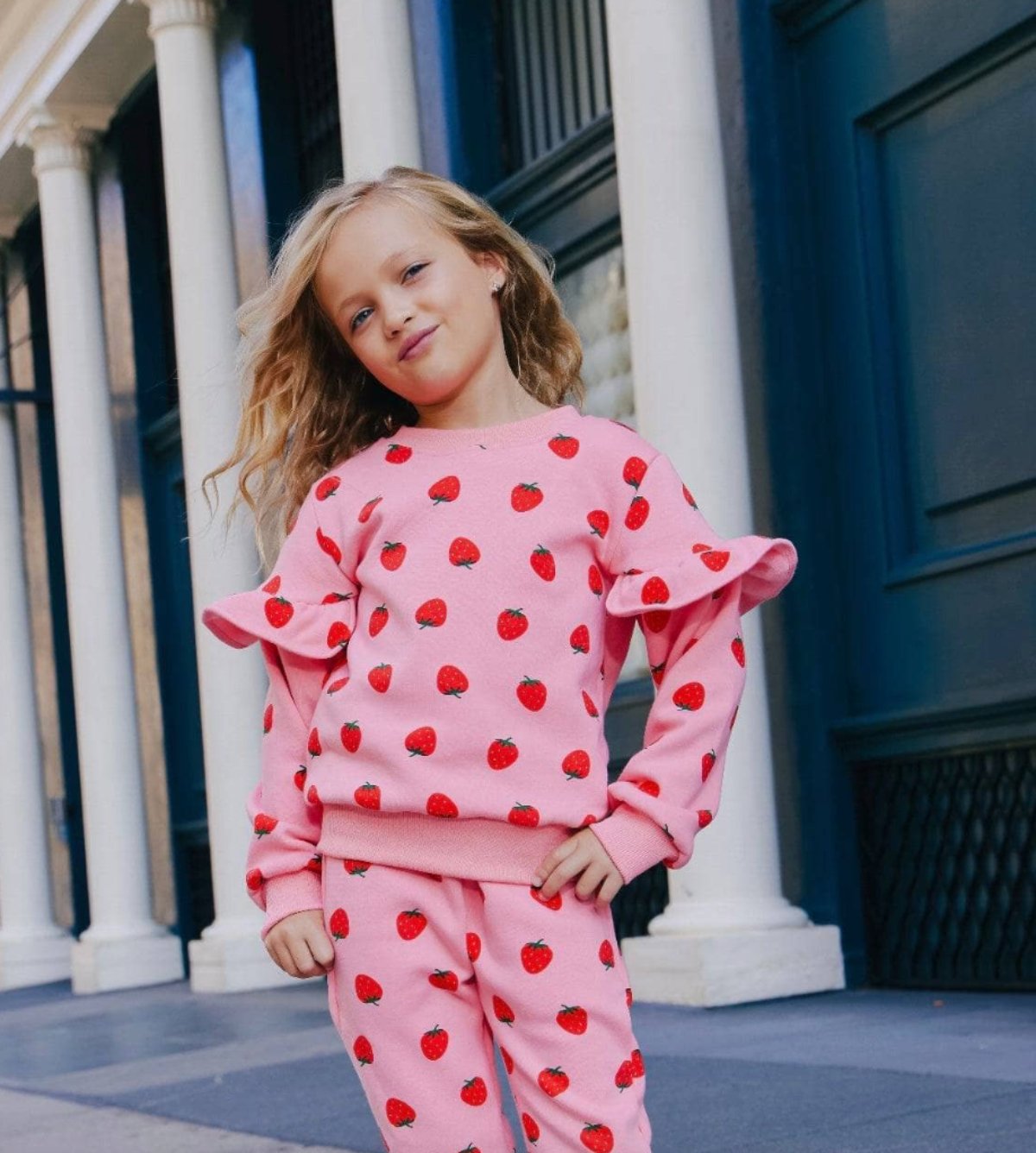 Lola and The Boys Strawberry Ruffle Jogger Lounge Set | HONEYPIEKIDS 