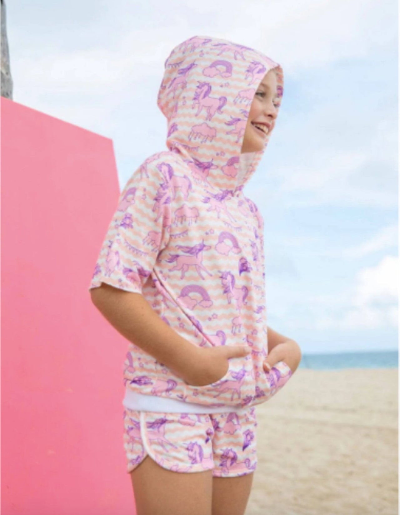 Lola and The Boys Girls Pink Unicorns & Rainbows Top & Shorts Set | HONEYPIEKIDS 