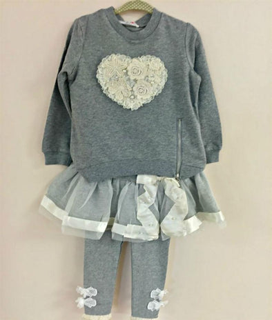 MaeLi Rose Grey Ribbon and Lace Leggings | HONEYPIEKIDS | Kids Boutique Clothing