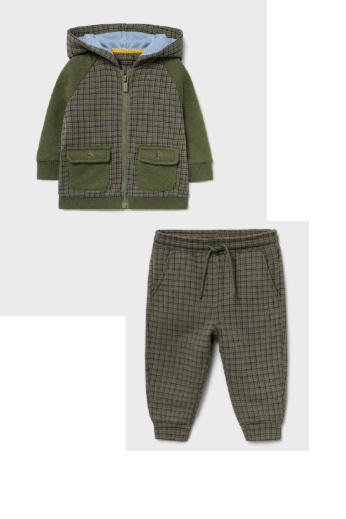 Mayoral Baby and Toddler Boy Green Plaid Zip Up Hoodie Jogger