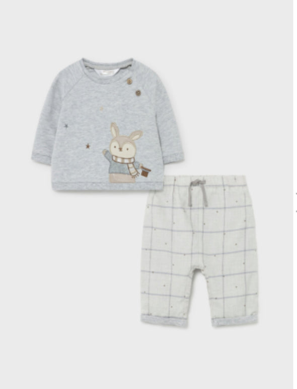 Mayoral Baby Boys EcoFriends Heather Gray Rabbit 2 Piece Shirt and Pants Set | HONEYPIEKIDS | Kids Boutique Clothing