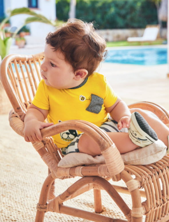 Mayoral Baby Boys EcoFriends Yellow Dog 4 Piece Shirt and Shorts Set | HONEYPIEKIDS | Kids Boutique Clothing