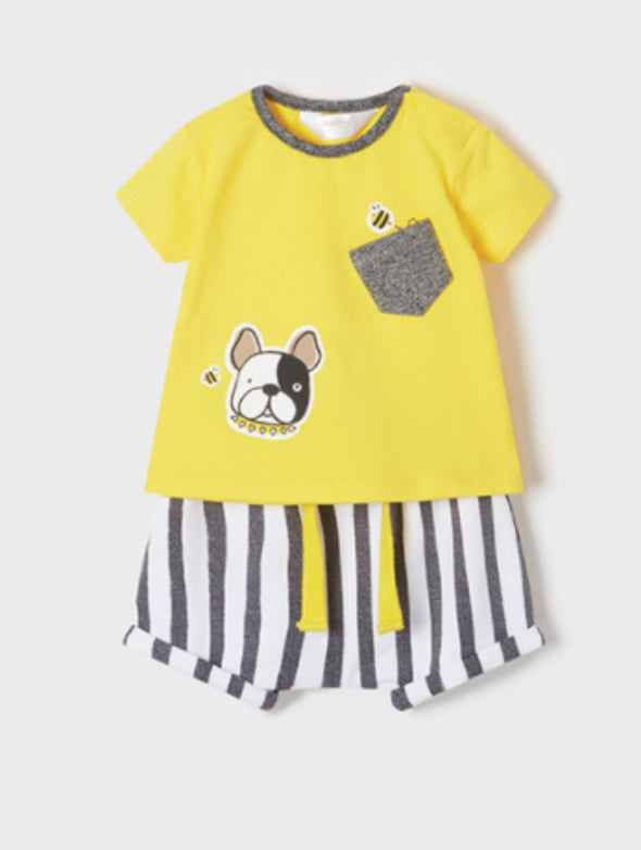 Mayoral Baby Boys EcoFriends Yellow Dog 4 Piece Shirt and Shorts Set | HONEYPIEKIDS | Kids Boutique Clothing