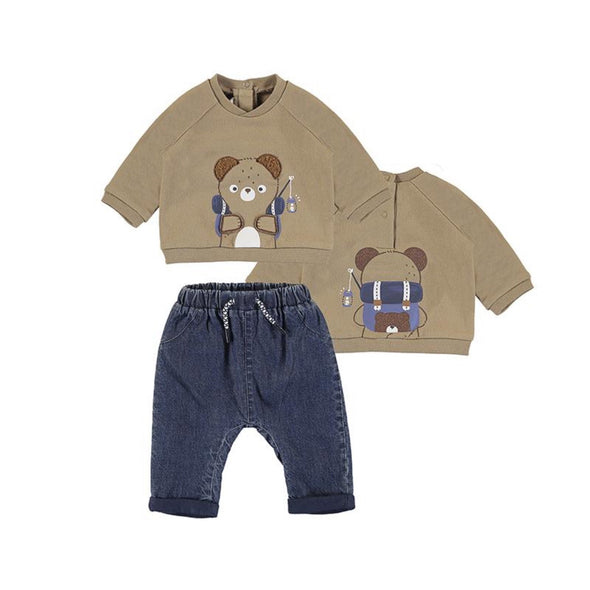 Mayoral Baby Boys Long Sleeve Brown Bear Shirt and Denim Pants Set | HONEYPIEKIDS | Kids Boutique Clothing
