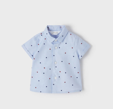 Mayoral Baby Boys Short Sleeve Blue Star Printed Button Up Shirt | HONEYPIEKIDS | Kids Boutique Clothing