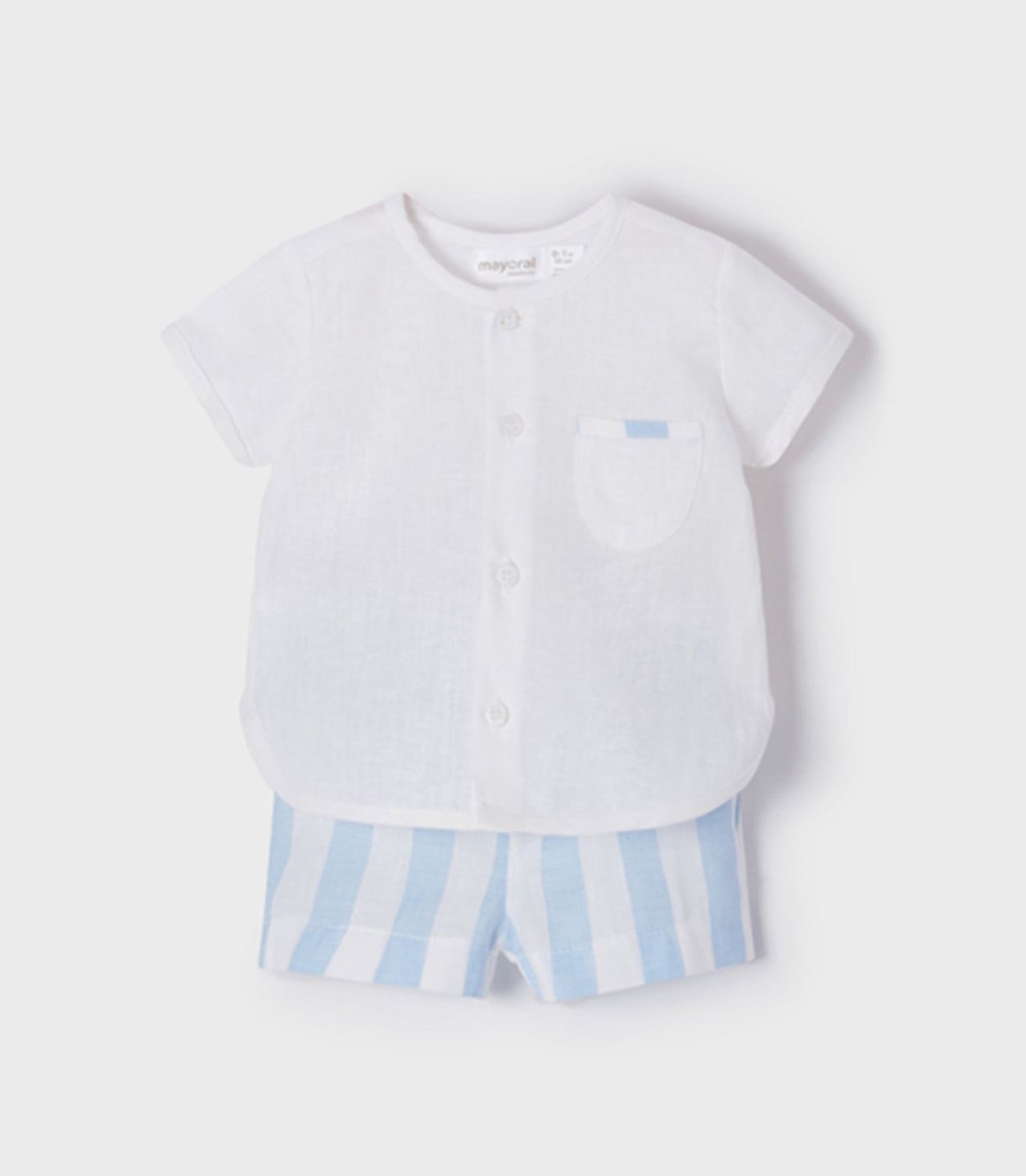 Mayoral Baby Boys White Button Up Dress Shirt & Striped Shorts Set | HONEYPIEKIDS 