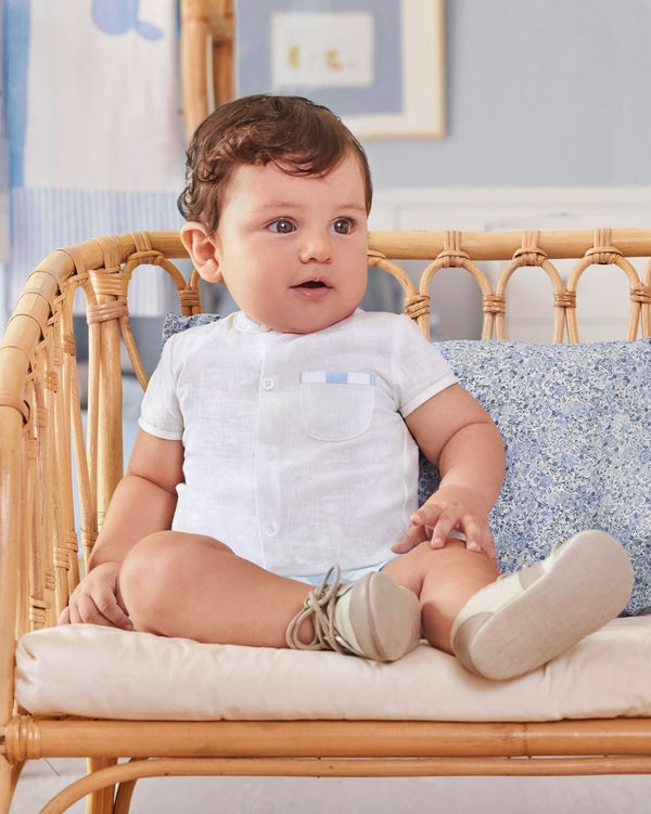 Mayoral Baby Boys White Button Up Dress Shirt Striped Shorts Set