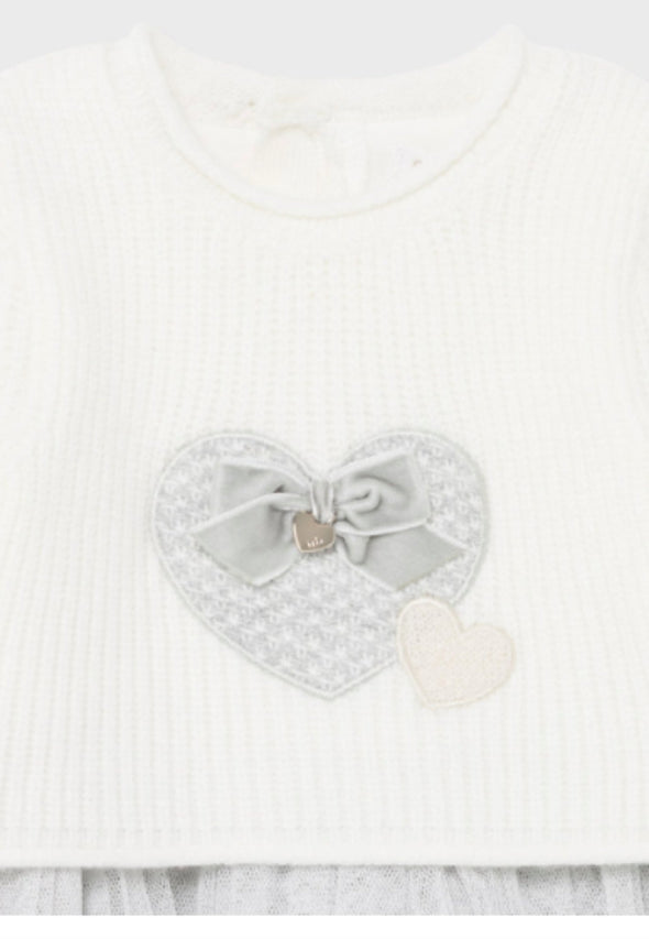 Mayoral Baby Girl Knit and Tulle Grey and Cream Heart Dress | HONEYPIEKIDS | Kids Boutique Clothing
