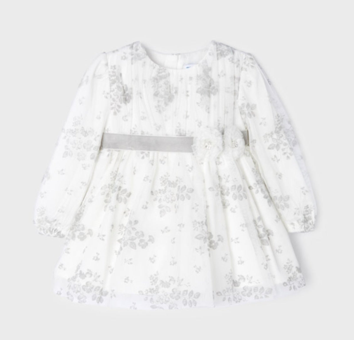 Mayoral Baby Girls Holiday White & Silver Floral Tulle Dress | HONEYPIEKIDS