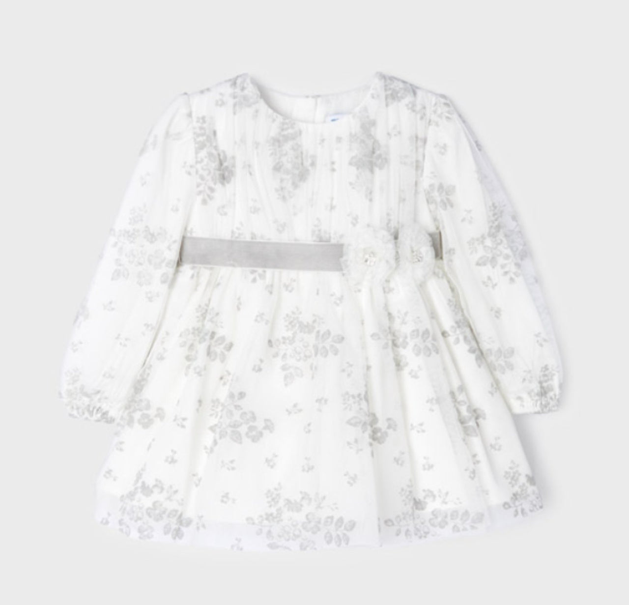 Mayoral Baby Girls Holiday White & Silver Floral Tulle Dress | HONEYPIEKIDS 