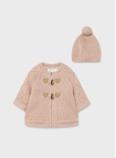 Mayoral Baby Girls Pink Woven Knit Heart Patch Coat with Matching Knit Hat | HONEYPIEKIDS | Kids Boutique Clothing
