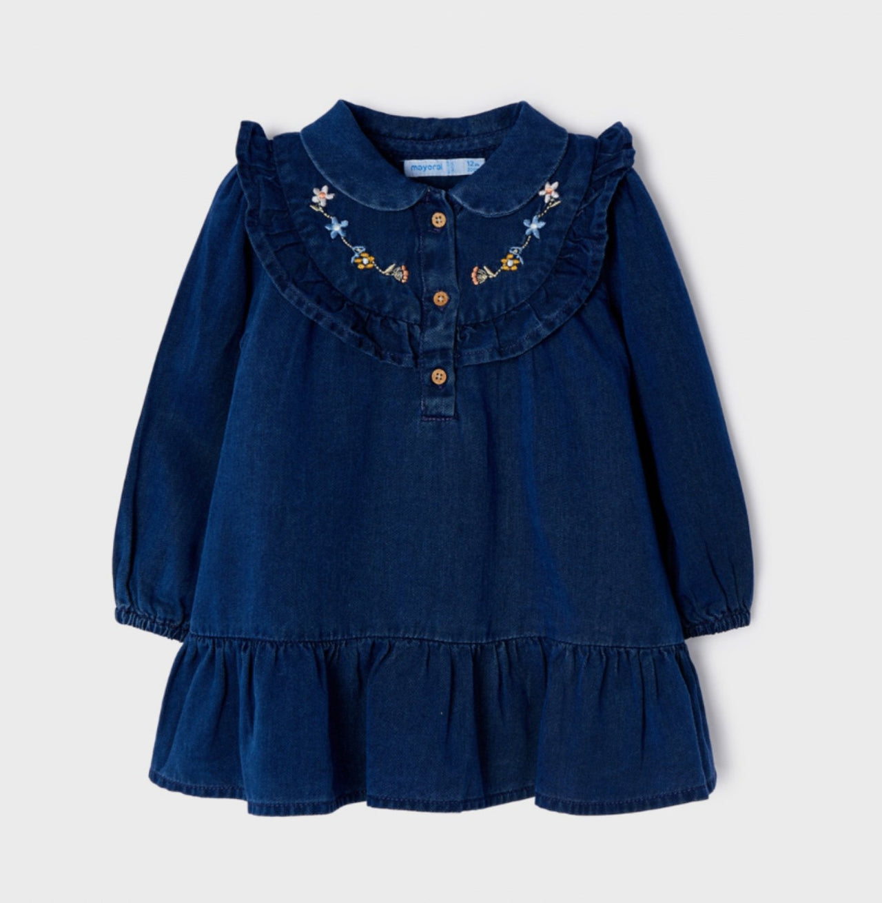 Mayoral Baby & Toddler Girls L/S Embroidered Ruffle Denim Dress | HONEYPIEKIDS 