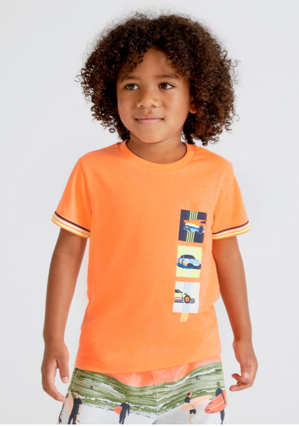 Mayoral Youth Boys Neon Orange Short Sleeve Graphic Car T-Shirt | HONEYPIEKIDS | Kids Boutique Clothing