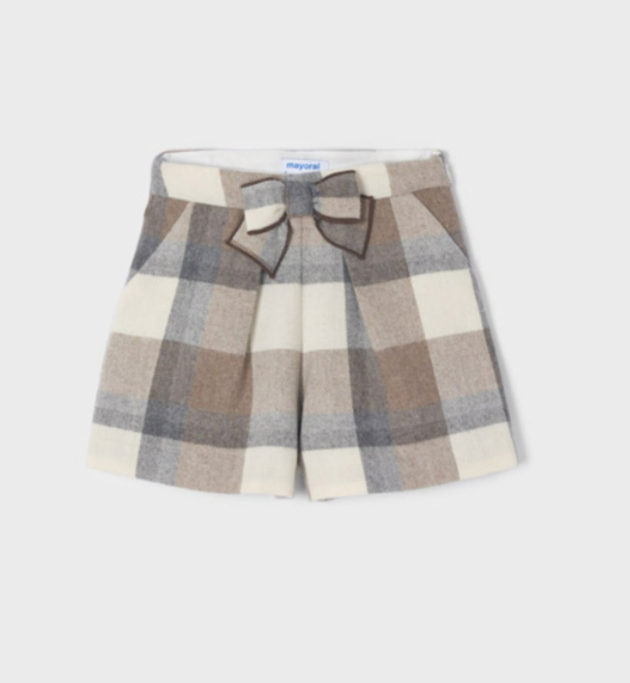 Mayoral Girls Beige & Grey Plaid Winter Shorts | HONEYPIEKIDS 