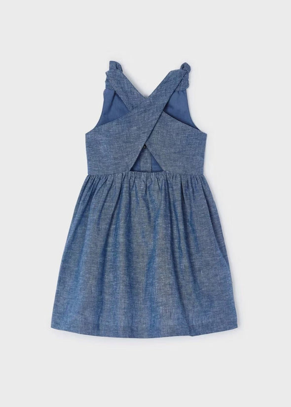 Mayoral Girls Blue Bow Shoulder Linen Dress | HONEYPIEKIDS