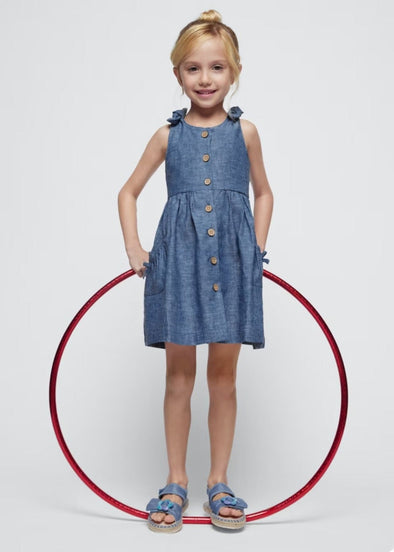 Mayoral Girls Blue Bow Shoulder Linen Dress | HONEYPIEKIDS