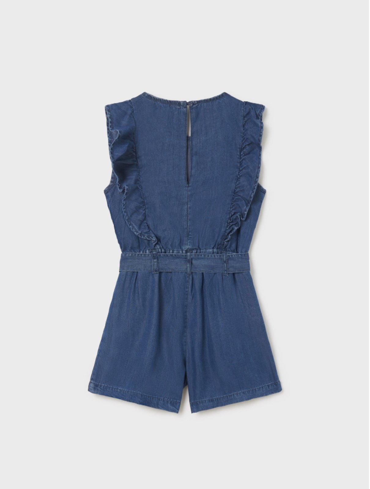 Mayoral Girls Ecofriends Ruffled Denim Romper | HONEYPIEKIDS 