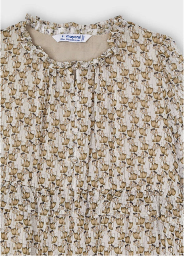 Mayoral Girls Fox Printed Beige Dress | HONEYPIEKIDS | Kids Boutique Clothing