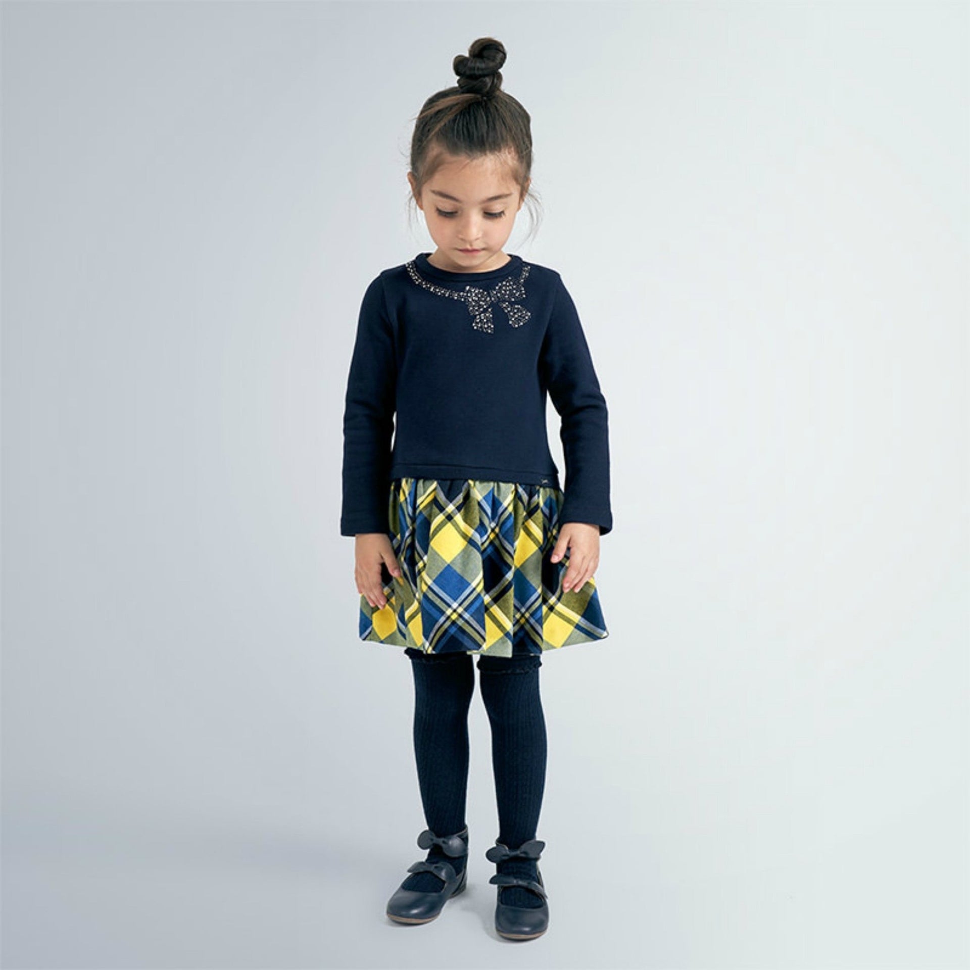 Mayoral Girls Navy & Yellow Check Dress | HONEYPIEKIDS 