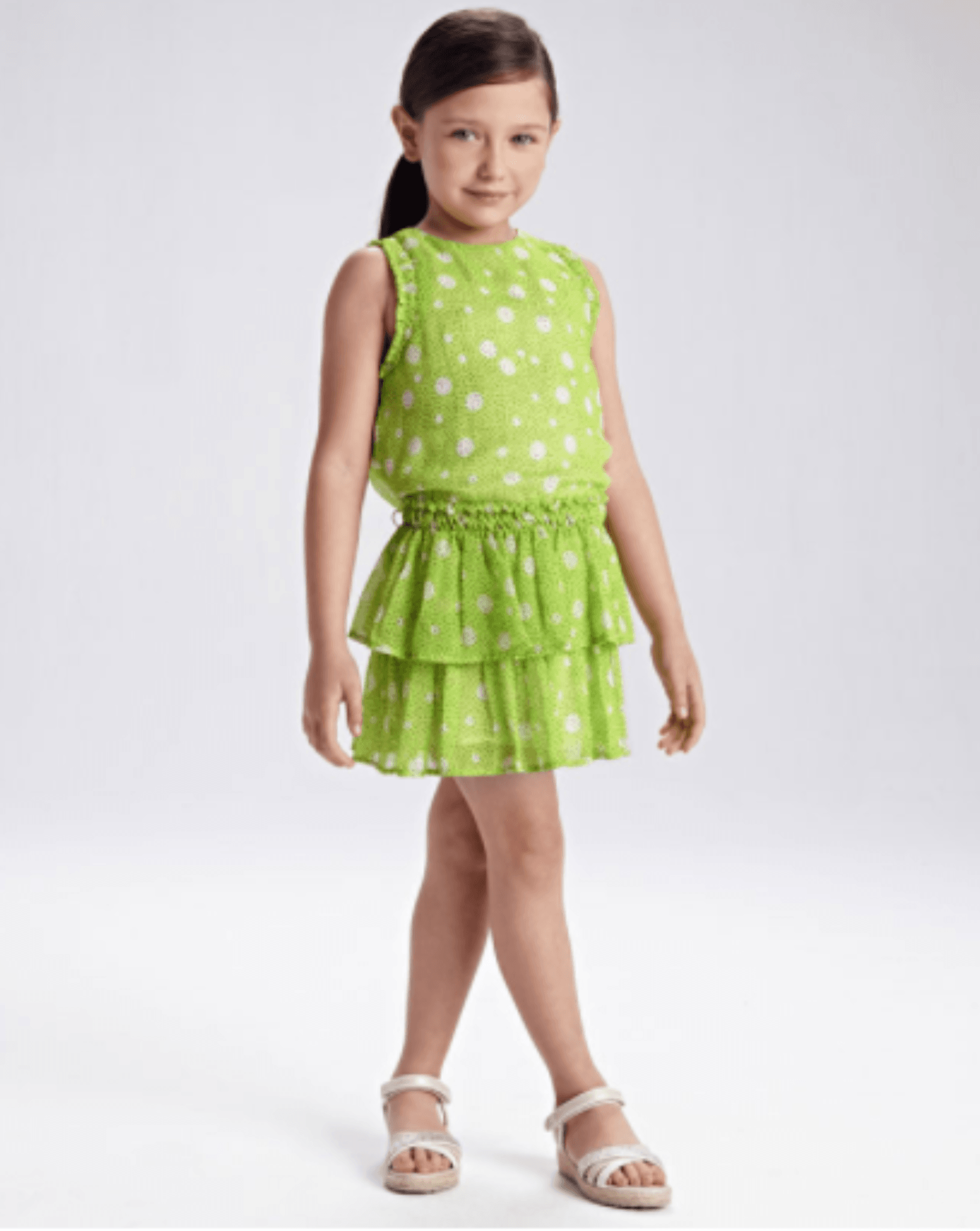 Mayoral Girls Pistachio Chiffon Polka Dot Frill Dress | HONEYPIEKIDS 