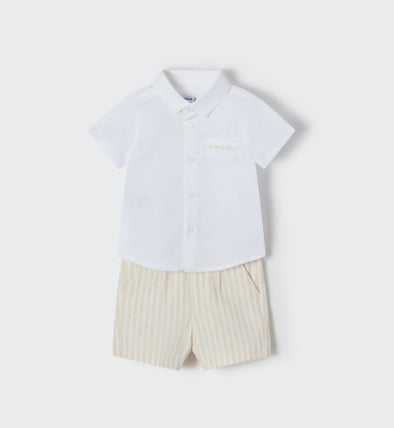 Mayoral Baby Boys White S/S Button Up Shirt & Beige Striped Shorts Set | HONEYPIEKIDS | Kids Boutique Clothing