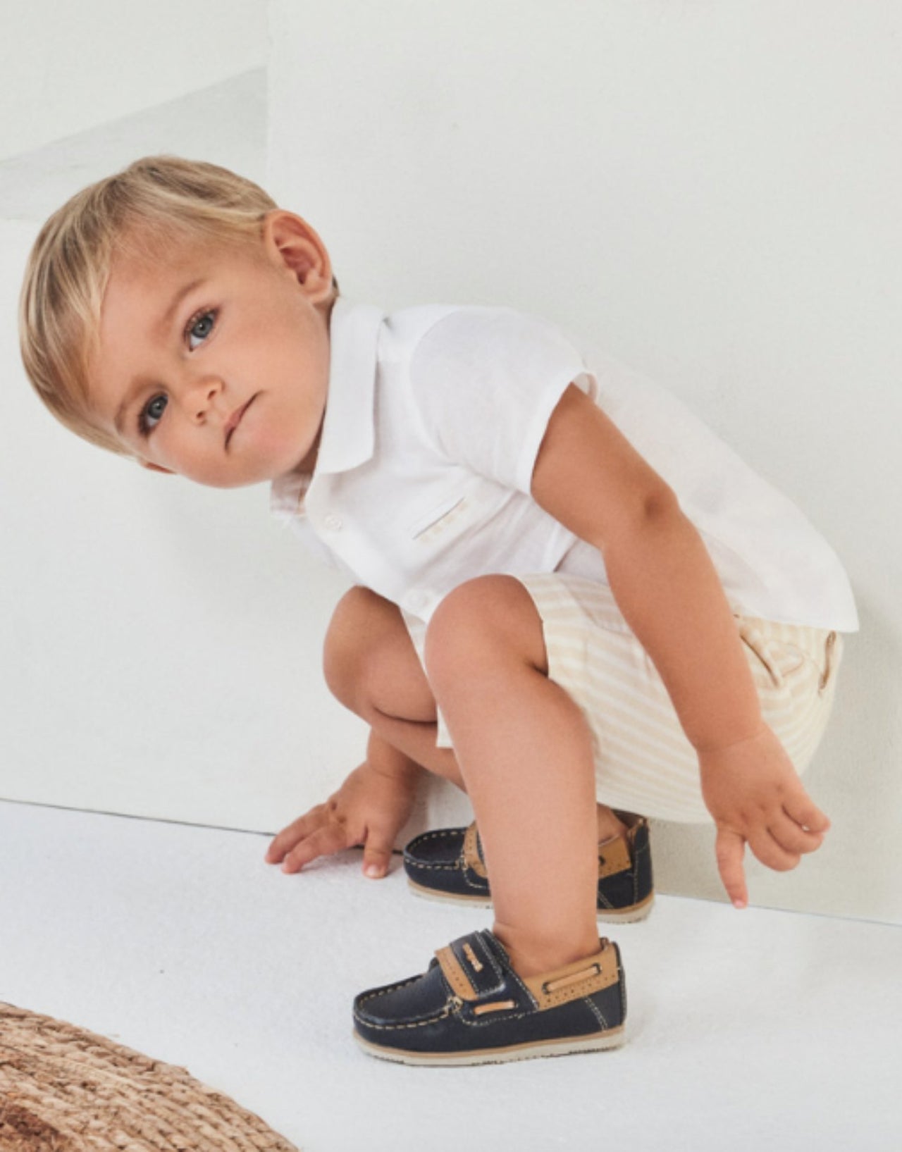 Mayoral Baby Boys White S/S Button Up Shirt & Beige Striped Shorts Set | HONEYPIEKIDS 