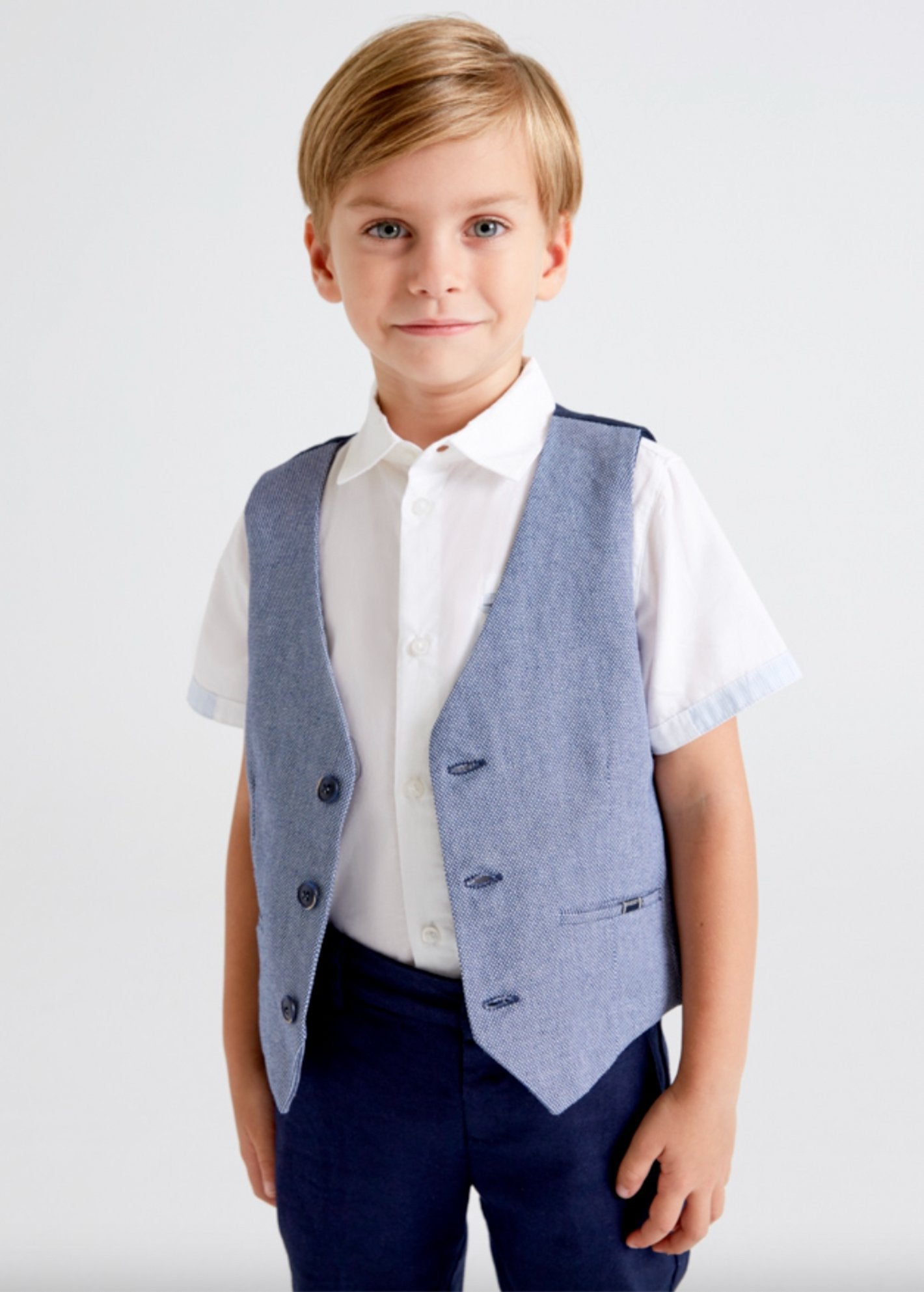 Mayoral Boys Blue Tailored Linen Button Up Vest | HONEYPIEKIDS 
