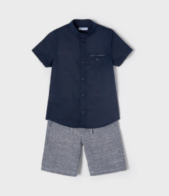 Mayoral Youth Boys Navy S/S Button Up Shirt & Blue Pattern Shorts Set | HONEYPIEKIDS | Kids Boutique Clothing