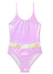 Metallic Pink Sequin Belt Girls One Piece Swimsuit | HONEYPIEKIDS 